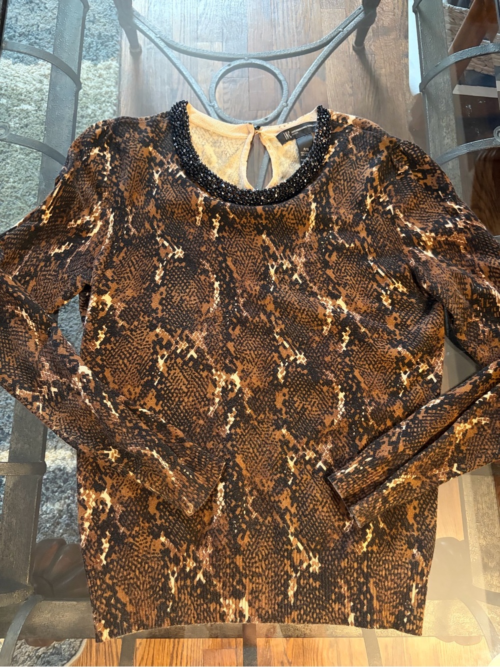 INC International Concepts Brown Snake-Print Beaded Neck Long Sleeve Top